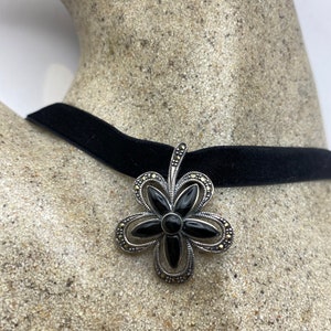 Vintage Marcasite Choker 925 Sterling Silver Black Onyx Pendant Necklace