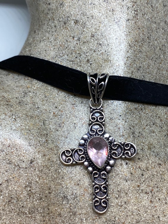 Vintage Handmade Silver Finish Rose Quartz Cross … - image 5