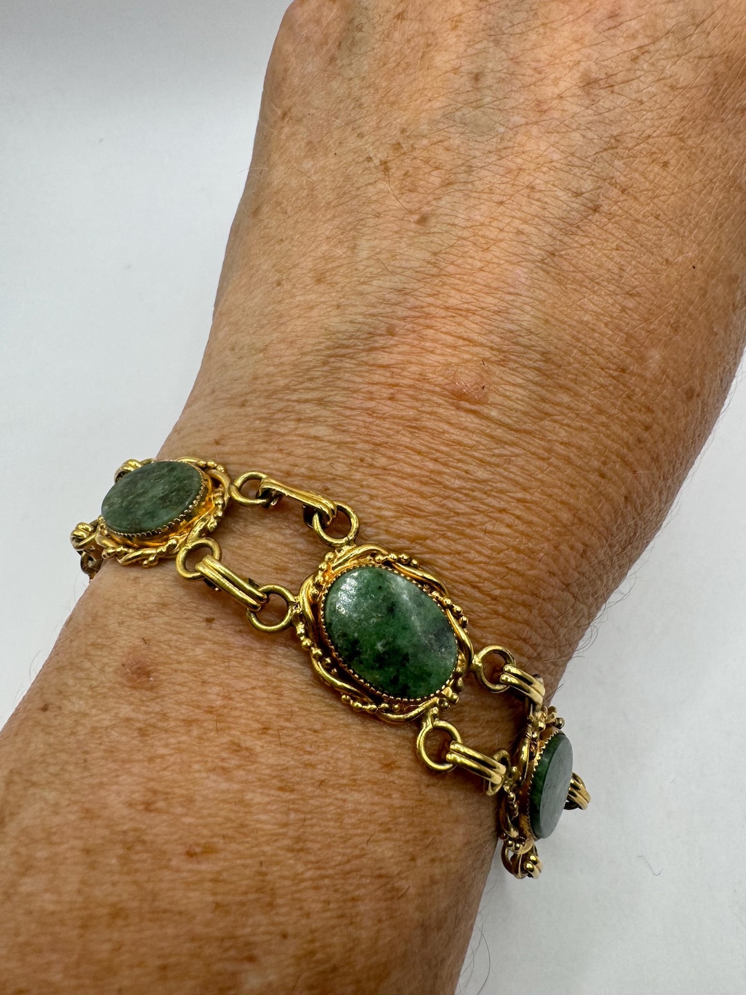 Vintage Green Jade Bracelet Gold Filled