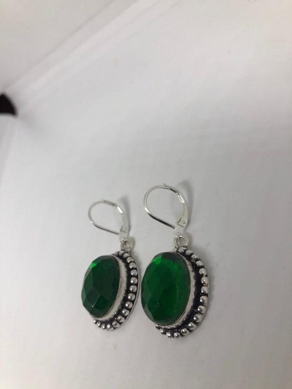 Antique Vintage Green Glass Silver Dangle Earrings - image 4