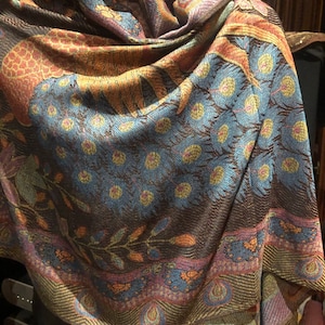 Vintage Blue Peacock feather Brocade Pashmina Scarf Wrap Shawl