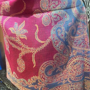 Vintage Pink Blue Gold Paisley Brocade Pashmina Scarf Wrap