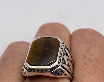 Vintage 925 Sterling Silver Genuine Tigers Eye Mens Ring
