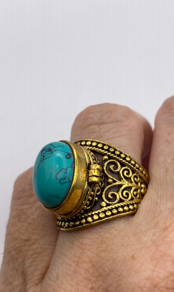 Vintage Turquoise Brass Poison Pillbox Ring - image 2