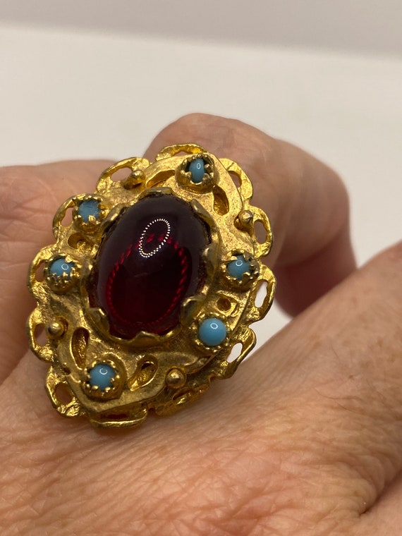 Vintage Red Ruby Glass Turquoise Golden Bronze Ri… - image 1