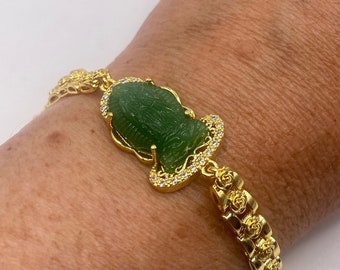 Vintage Golden Unisex Mens Green Jade buddha Bracelet