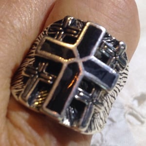 Vintage Gothic Black Onyx Inlay Cross Mens Ring
