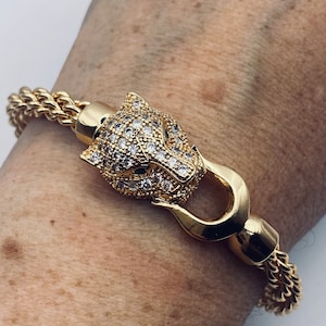 Vintage Cougar Cat Bangle Bracelet Gold filled Green Crystal Eyes