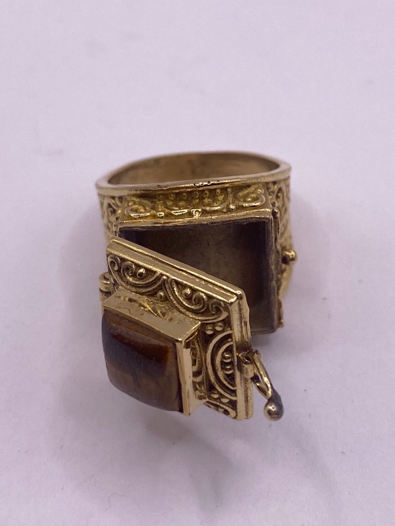 Vintage Gold Tigers Eye Brass Poison Pillbox Ring - image 3