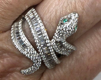 Vintage Snake Ring 925 Sterling Silver Crystal Size 9