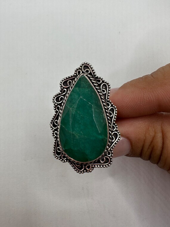 Vintage Green Raw Emerald Silver Bronze Statement… - image 4