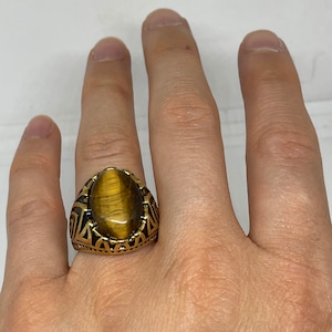 Vintage Gothic Gold Finished Stainless Steel Genuine Tigers Eye Mens Ring