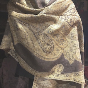 Vintage Choclate Brown Metallic Paisley Brocade Pashmina Scarf Wrap Shawl