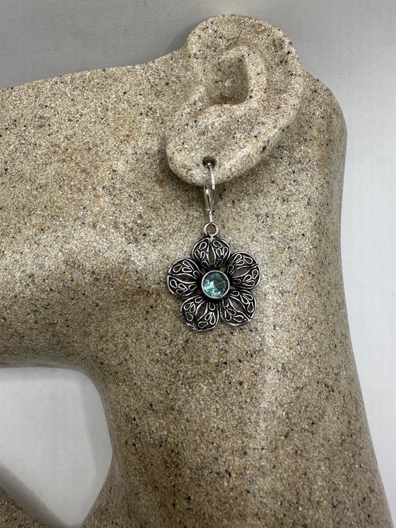 Vintage Genuine Blue Topaz 925 Sterling Silver Lever Back Earrings