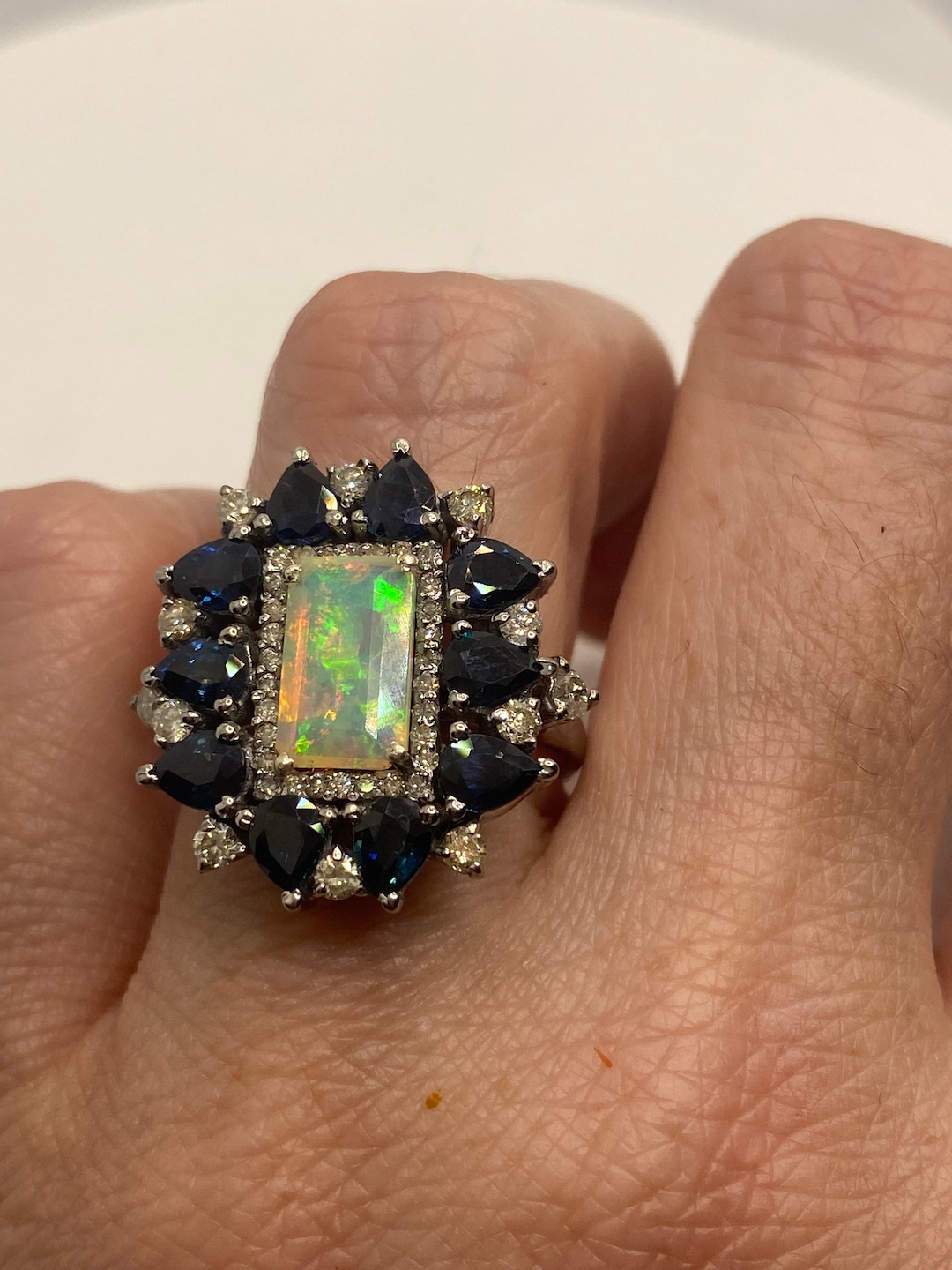 Vintage Fire Opal Sapphire Diamond Cocktail Ring 925 Sterling Silver ...