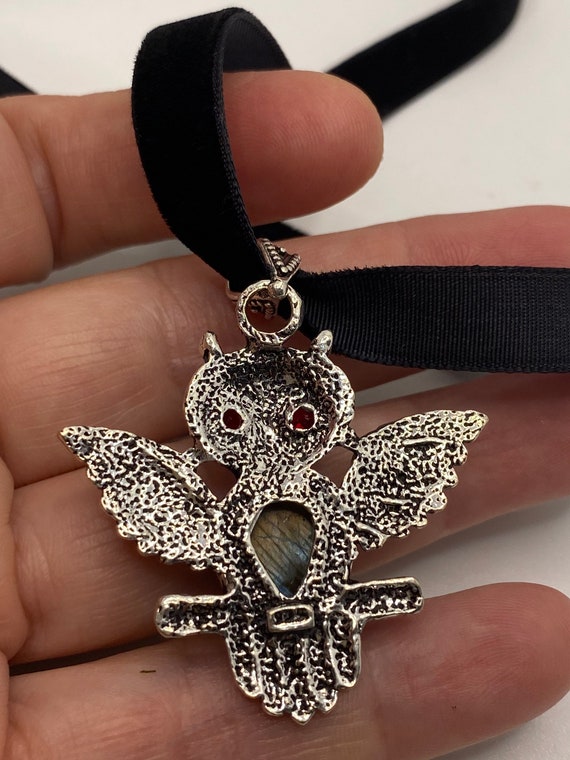 Vintage Silver Genuine Rainbow Labradorite Owl Ch… - image 3