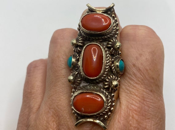 Vintage Red  Turquoise Tribal Brass Antique Ring - image 4