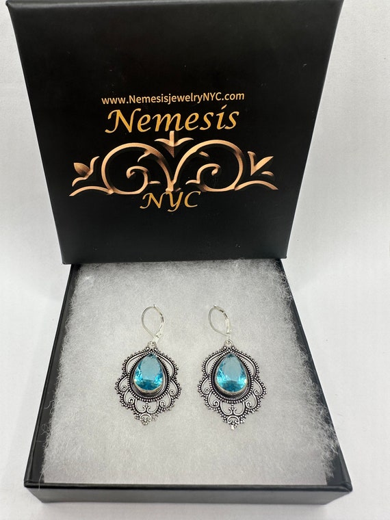 Boucles D'oreilles Anciennes En Argent Et Verre Bleu – Pendantes, Occasion En Excellent état