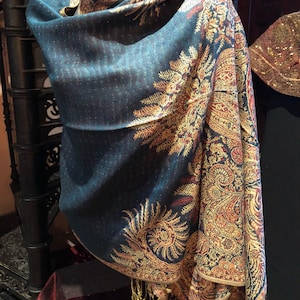 Vintage Teal Blue Paisley Brocade Pashmina Scarf Wrap Shawl