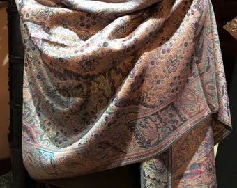 Vintage Pastel Golden Paisley Brocade Pashmina Scarf Wrap Shawl