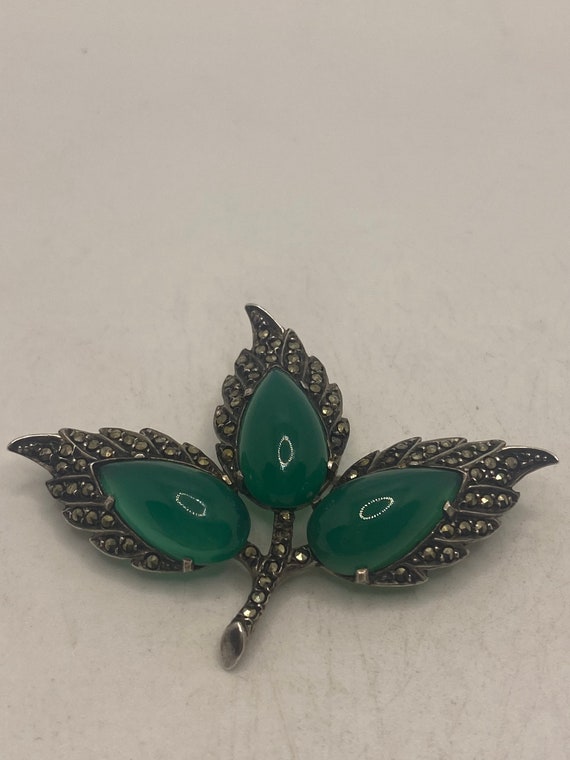 Vintage Green Onyx Pin Marcasite 925 Sterling Sil… - image 5