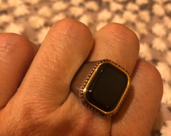 Vintage Black Ring Onyx Stainless Steel Mens