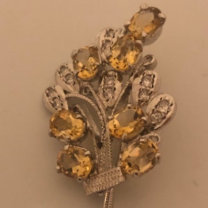 Vintage Handmade Genuine Citrine 925 Sterling Silver Rhodium Brooch