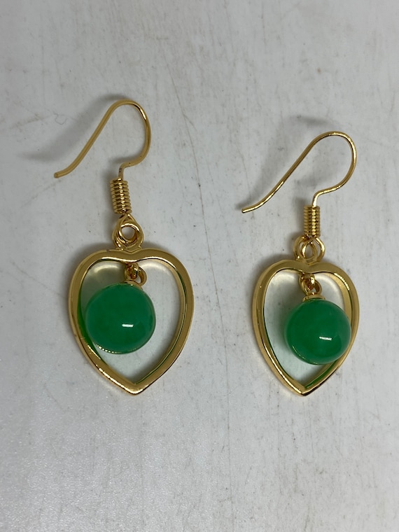 Vintage Fun Green Jade Heart Gemstone Gold Rhodiu… - image 1