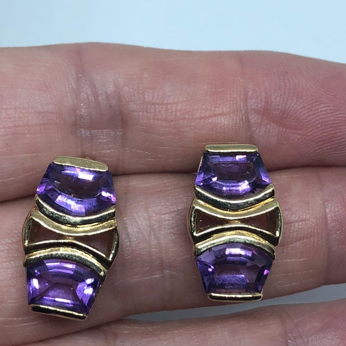 Vintage Amethyst Earrings Golden 925 Sterling Silver Purple Stud shops Button