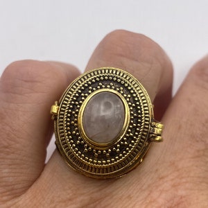 Vintage Rosenquarz Messing Poison Pillbox verstellbarer Ring