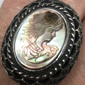 Antique White Mother of Pearl Cameo Marcasite Filigree Ring