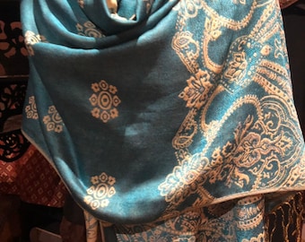 Vintage Turquoise Paisley Brocade Pashmina Scarf Wrap Shawl