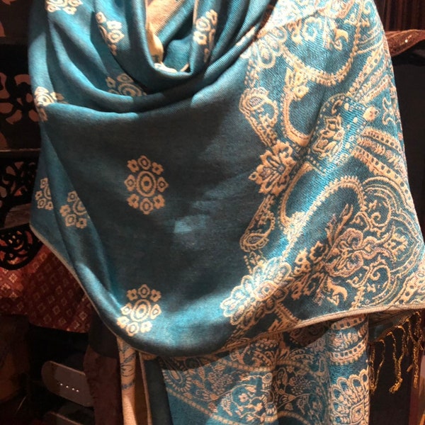 Boiled Wool Scarf, Turquoise Paisley
