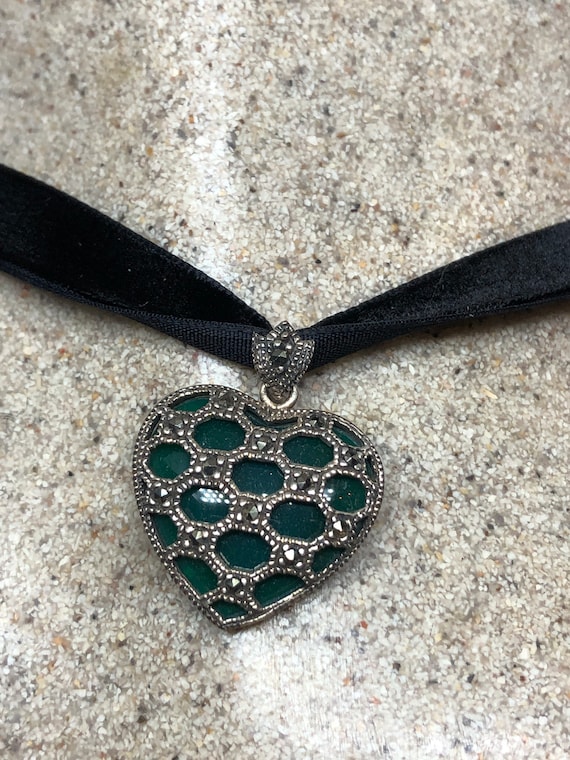 Vintage 925 Deco Sterling Silver Marcasite Turquoise Heart Pendant Necklace