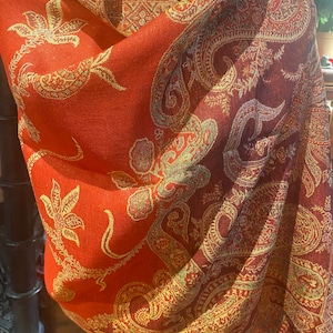 Vintage Red Gold Paisley Brocade Pashmina Scarf Wrap