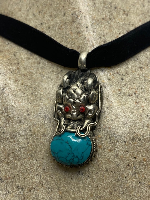 Vintage Tibetan Turquoise Dragon Black Velvet Cho… - image 3