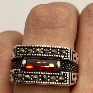 Vintage Sterling Silver Red Ruby Glass Marcasite Mens Ring