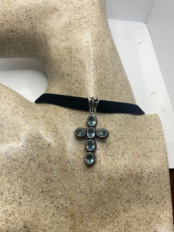 Vintage Blue Topaz Cross Choker Black Velvet Ribb… - image 6