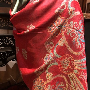 Vintage Red Blue Paisley Brocade Pashmina Scarf Wrap Scarf