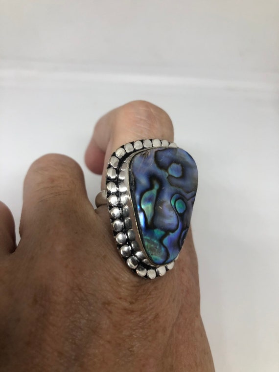 Antique Green Abalone White Bronze Silver Ring - image 4