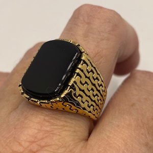 Vintage Gothic Black Onyx Golden Stainless Steel Mens Ring