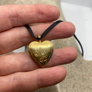 Vintage Gold Locket Tiny Heart 9k Gold Filled Pendant Photo Memory Charm Engraved Mom Hearts Choker Necklace image 6