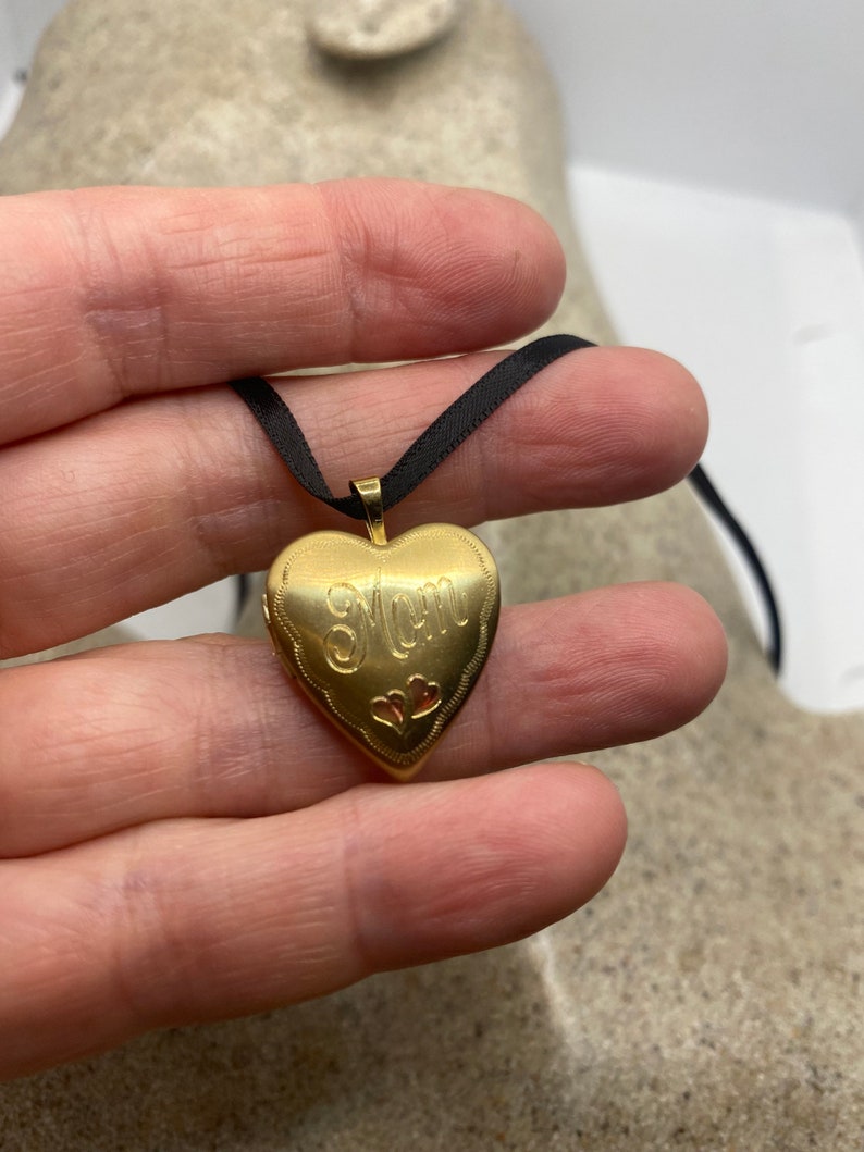 Vintage Gold Locket Tiny Heart 9k Gold Filled Pendant Photo Memory Charm Engraved Mom Hearts Choker Necklace image 6