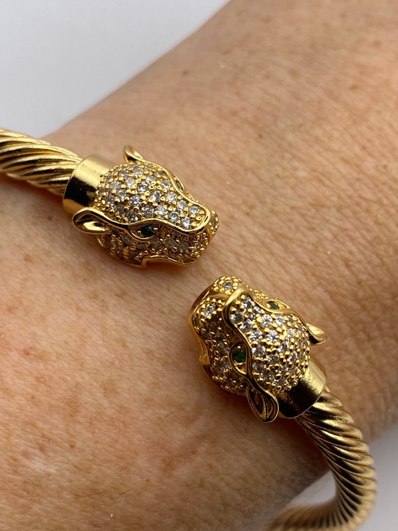 Vintage Cougar Cat Bangle Bracelet Gold Filled Green Crystal