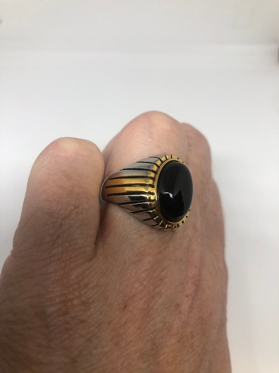 Vintage Gothic Black Onyx Gold Accent Stainless S… - image 9