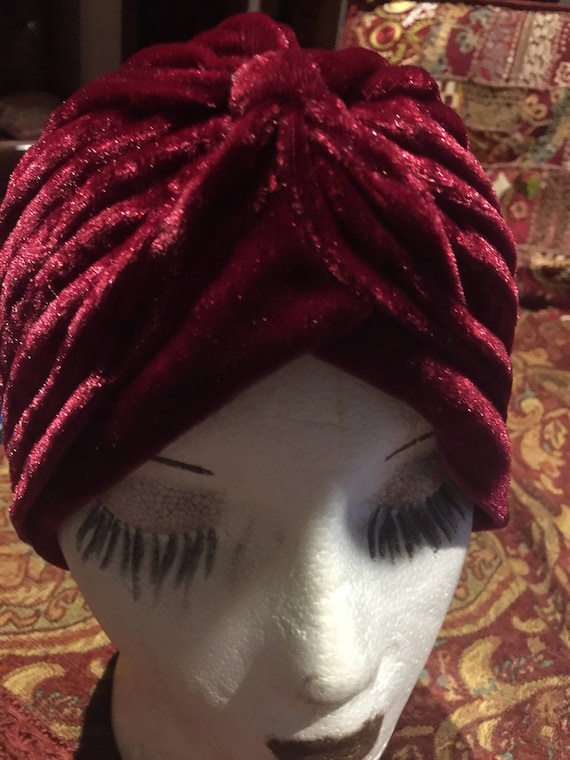 Vintage Wine Red Stretch Velvet Deco Turbin Hat