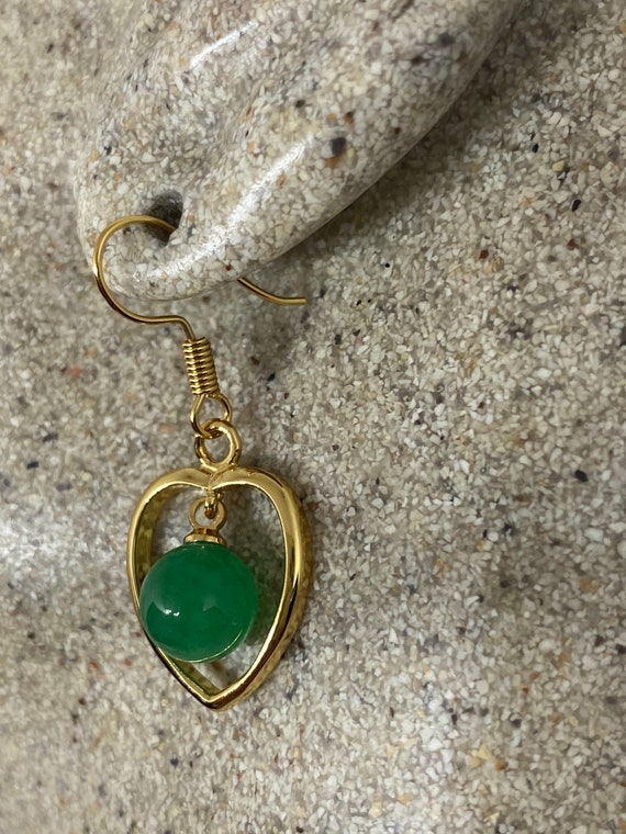 Vintage Fun Green Jade Heart Gemstone Gold Rhodiu… - image 5