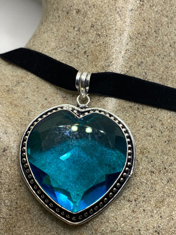 Vintage Blue Glass Heart Antique Black Velvet Rib… - image 1