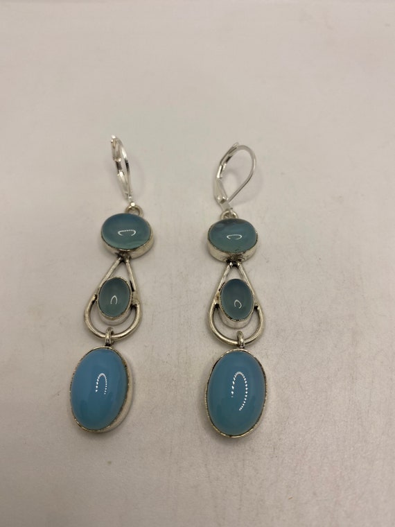 Vintage Blue Chalcedony Earrings Silver Dangle - image 4