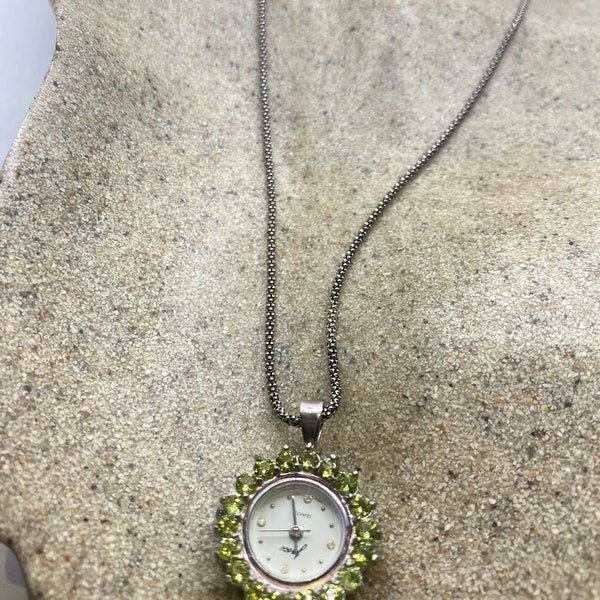 Vintage Watch Necklace 925 Sterling Silver Green Peridot Antique Pendant